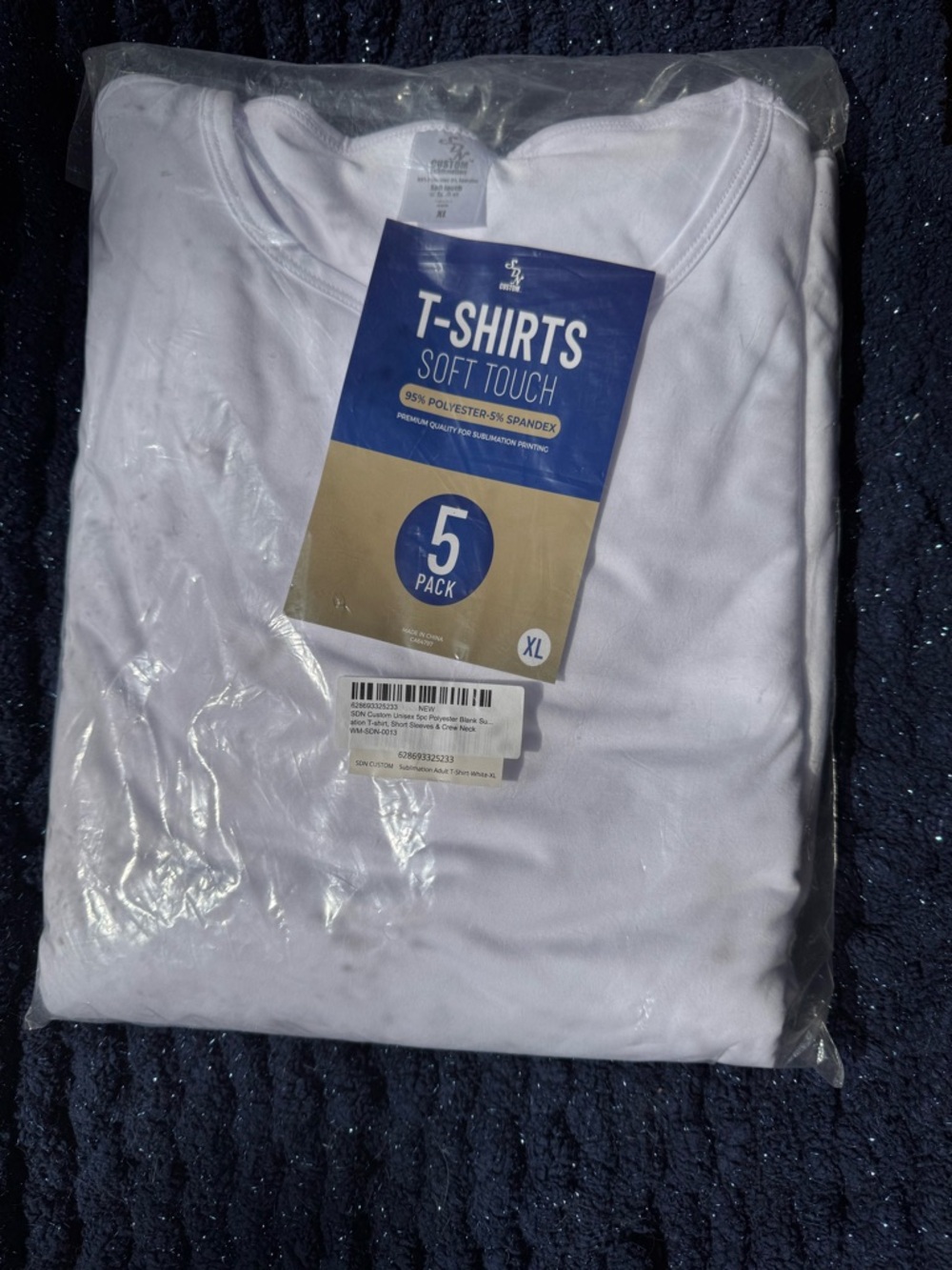 Unisex 5 Pack Polyester T-Shirts for Sublimation - Crew Neck Design - White (XL)